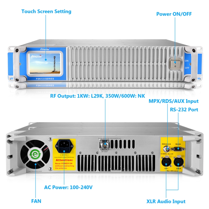 Transmisor FM FMUSER FU-1000C 1000W con interfaz de entrada de audio USB