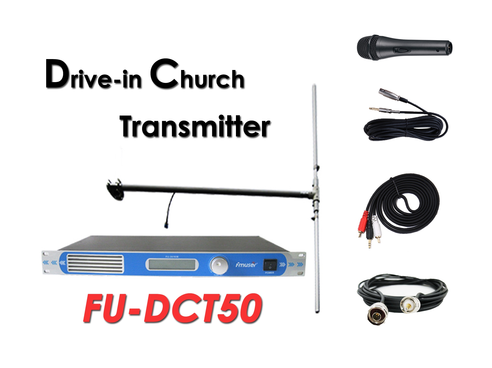 Handizkako Amazon FMUSER FU-DCT50 ​​50 Watt FM transmisorea + DP100 Dipole Antena + Kablea + Mikrofonoa Drive-in Eliza Zerbitzura / Zinema / Aparkalekuak egiteko