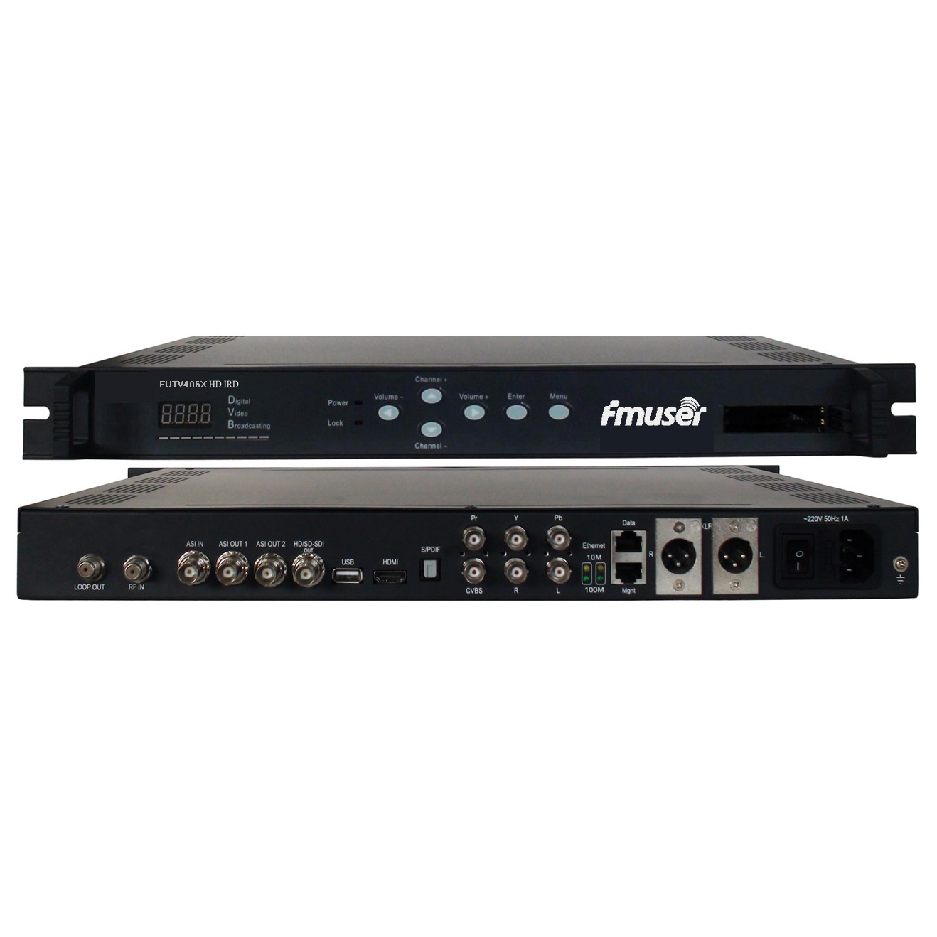 FMUSER FUTV406X HD IRD(1 DVB-S/S2/T/C,ISDB-T RF Input,1 ASI IP In,2 ASI 1 IP Output,HDMI SDI CVBS XLR Out)with MUX＆BISS