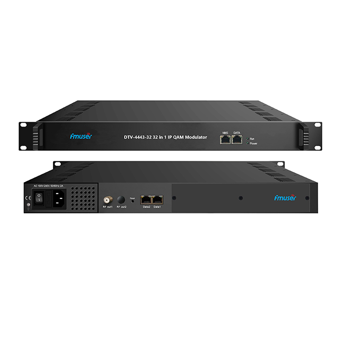 FMUSER DTV-4443-512/1024/1536/512IP(MPTS or SPTS) through 3/6 GE ports(UDP/RTP) in 32 Mux-scrambling QAM(DVB-C) RF Modulator