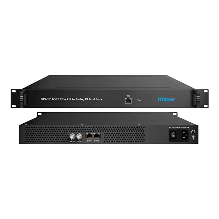 FMUSER DTV-3611C-32 IP(MPTS/SPTS) through 2/4 GE ports(MPTS/SPTS) in 32 PAL/NTSC/SECAM RF Modulator