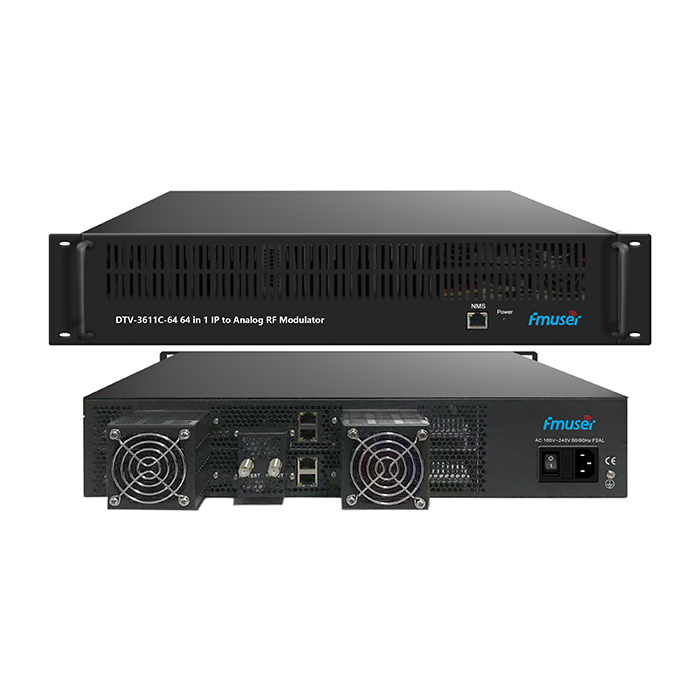 FMUSER DTV-3611C-64 IP(MPTS/SPTS) through 2/4 GE ports(MPTS/SPTS) in 64 PAL/NTSC/SECAM RF Modulator