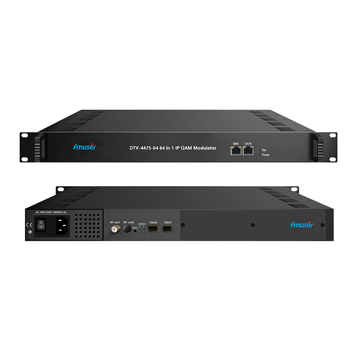 FMUSER DTV-4475-512/1024/1536/512 IP(MPTS or SPTS) through 3/6 GE ports(UDP/RTP) in 64 Mux-scrambling QAM(DVB-C) RF Modulator